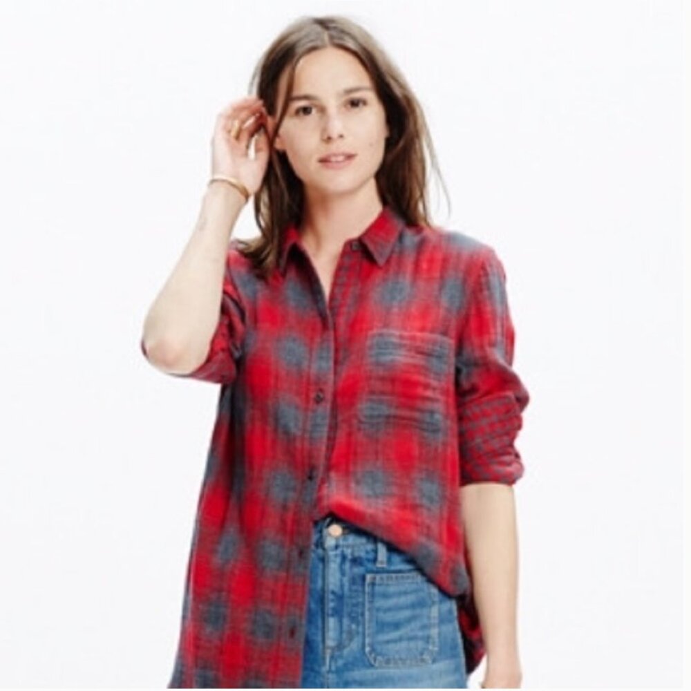 Madewell Ex-Boyfriend Flannel Shirt in Lansing Red Grey Plaid Size XS - Picture 2 of 6